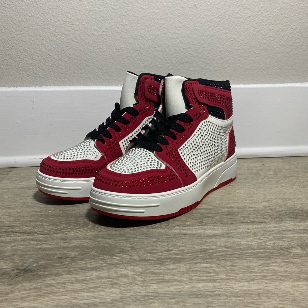 Red and black high top rhinestone sneakers